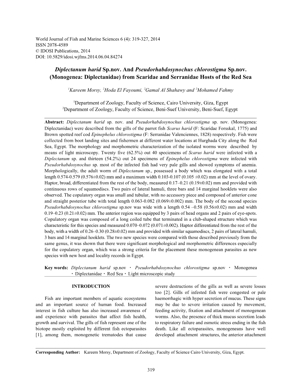 Diplectanum Harid Sp.Nov. and Pseudorhabdosynochus Chlorostigma Sp.Nov