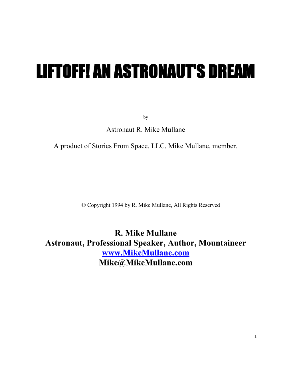 Enjoy This Free Electronic Copy of Astronaut Mike Mullane's Children's Book, Liftoff! an Astronaut's Dream