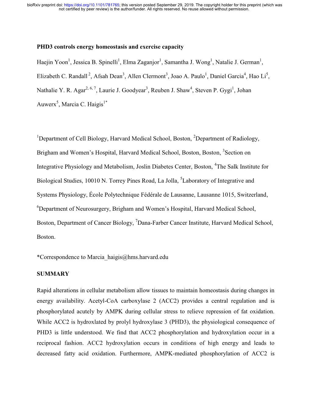 PHD3 Controls Energy Homeostasis and Exercise Capacity