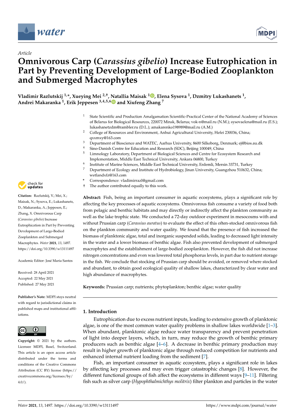 Carassius Gibelio) Increase Eutrophication in Part by Preventing Development of Large-Bodied Zooplankton and Submerged Macrophytes