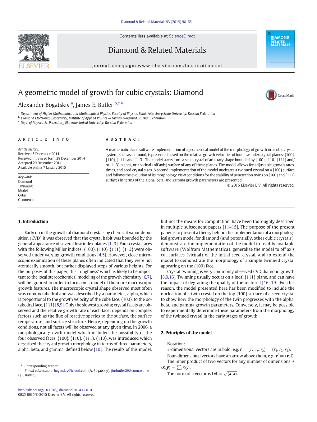 A Geometric Model of Growth for Cubic Crystals: Diamond