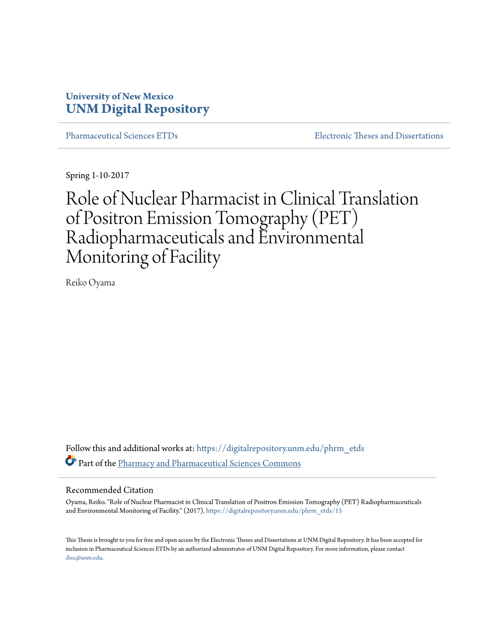 PET) Radiopharmaceuticals and Environmental Monitoring of Facility Reiko Oyama