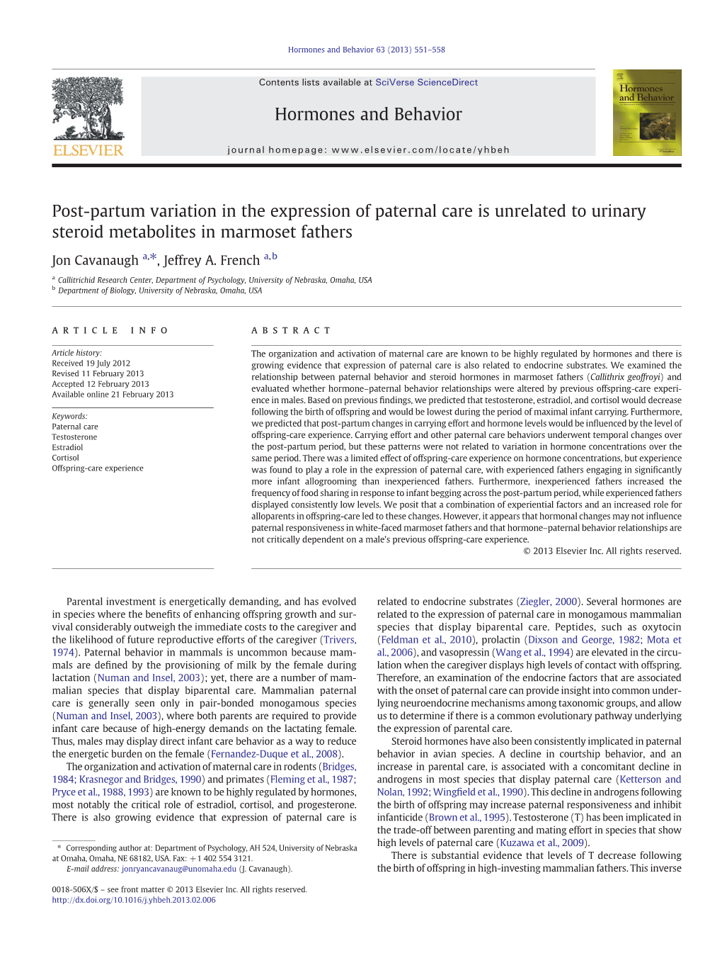 Post-Partum Variation in the Expression of Paternal Care Is Unrelated to Urinary Steroid Metabolites in Marmoset Fathers