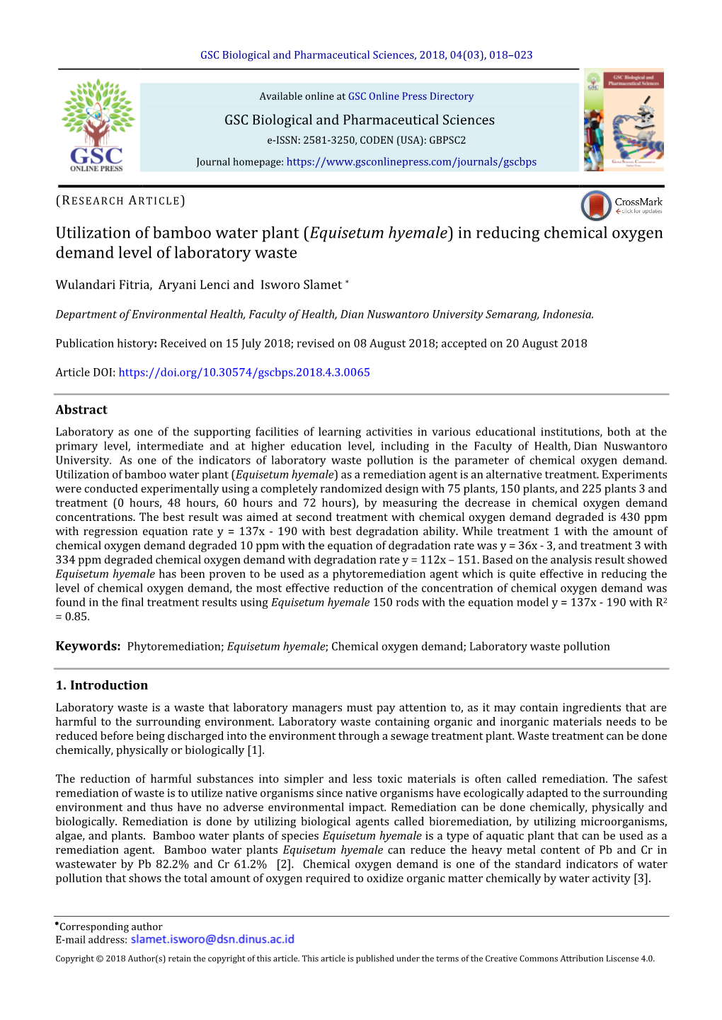 Utilization of Bamboo Water Plant (Equisetum Hyemale) in Reducing Chemical Oxygen Demand Level of Laboratory Waste