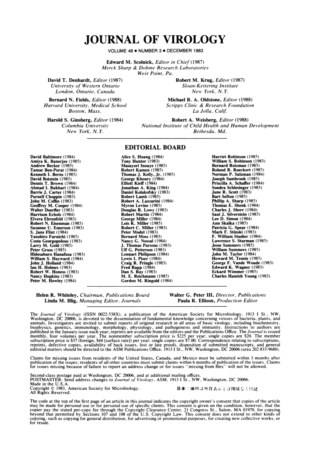 JOURNAL of VIROLOGY VOLUME 48 NUMBER 3 DECEMBER 1983 Edward M