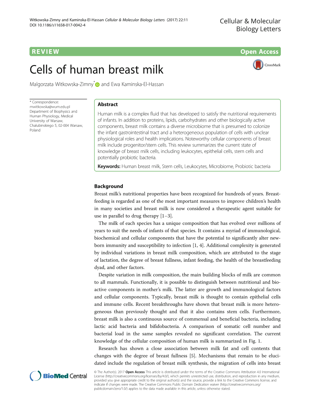 Cells of Human Breast Milk Malgorzata Witkowska-Zimny* and Ewa Kaminska-El-Hassan