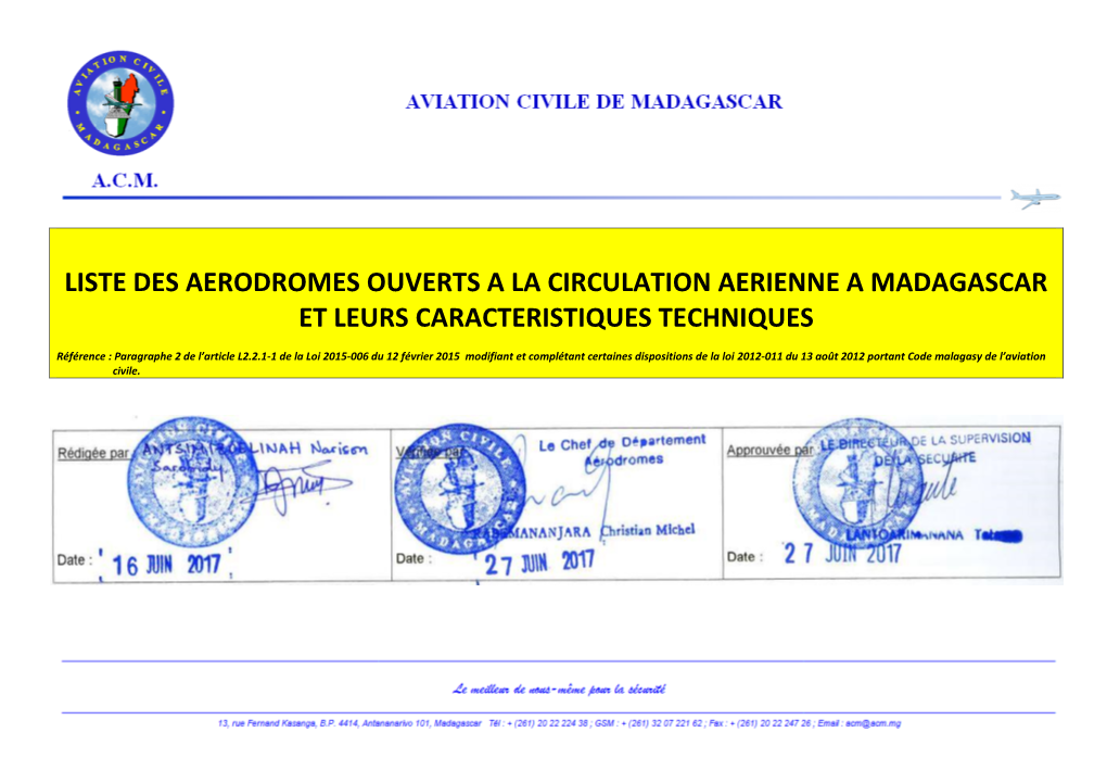 Liste Des Aerodromes Ouverts a La Circulation Aerienne a Madagascar Et Leurs Caracteristiques Techniques