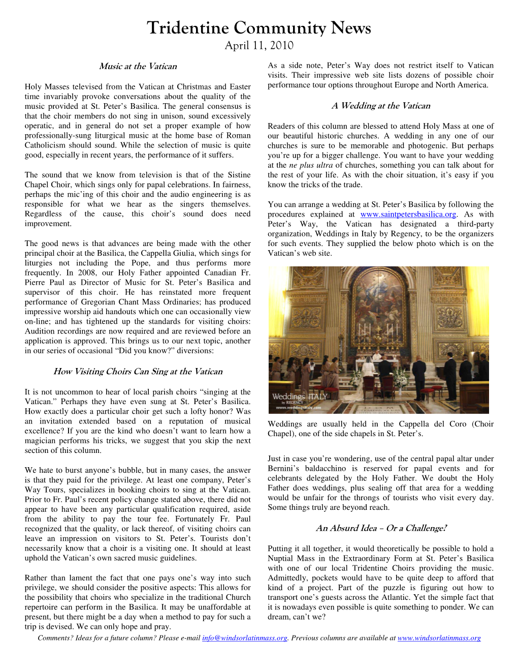 Tridentine Community News April 11, 2010