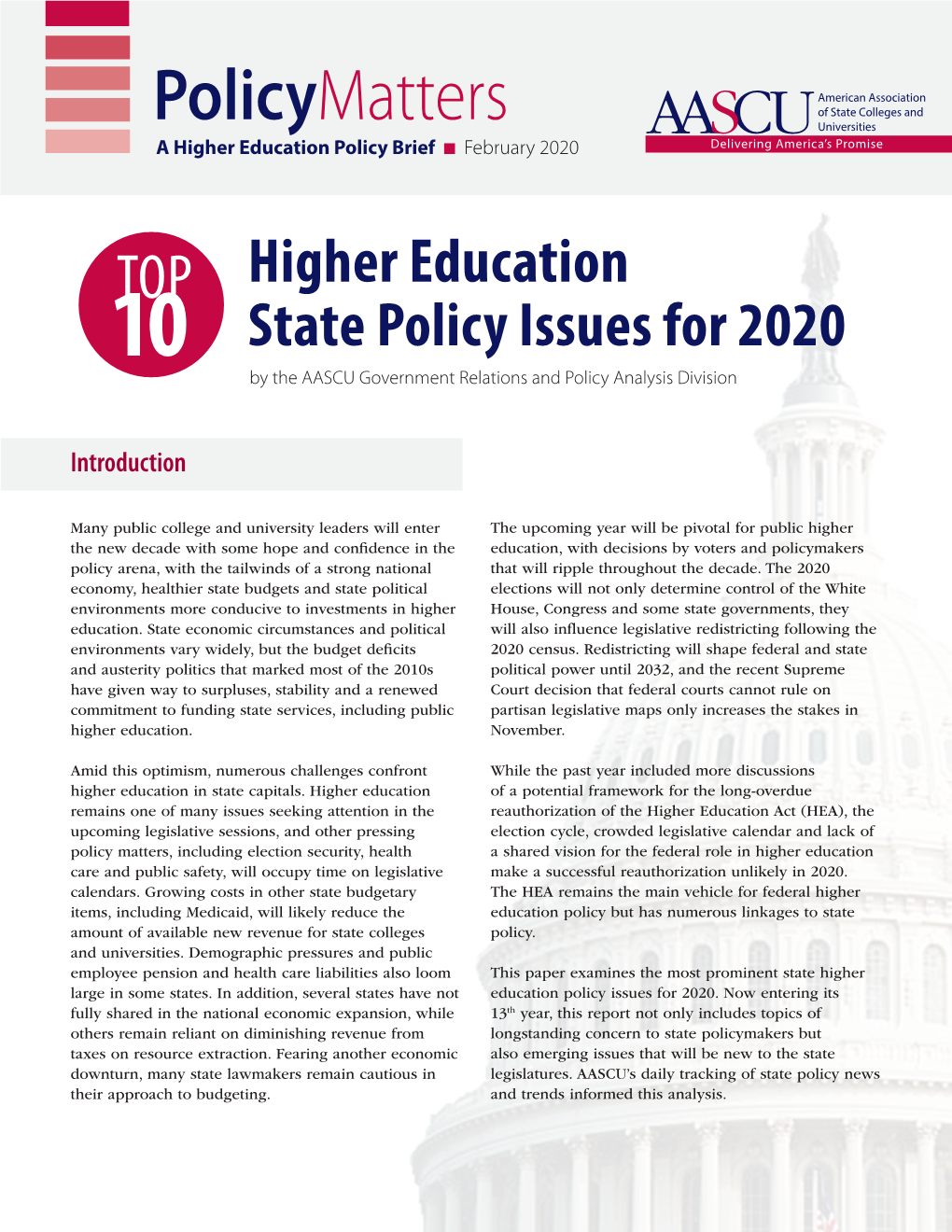 Top 10 Higher Education State Policy Issues for 2020