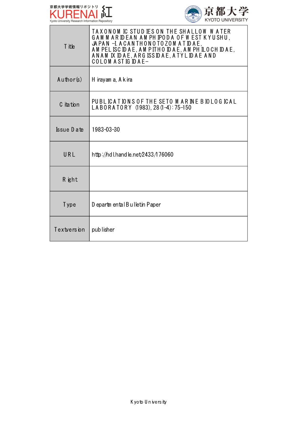 Title TAXONOMIC STUDIES on the SHALLOW WATER