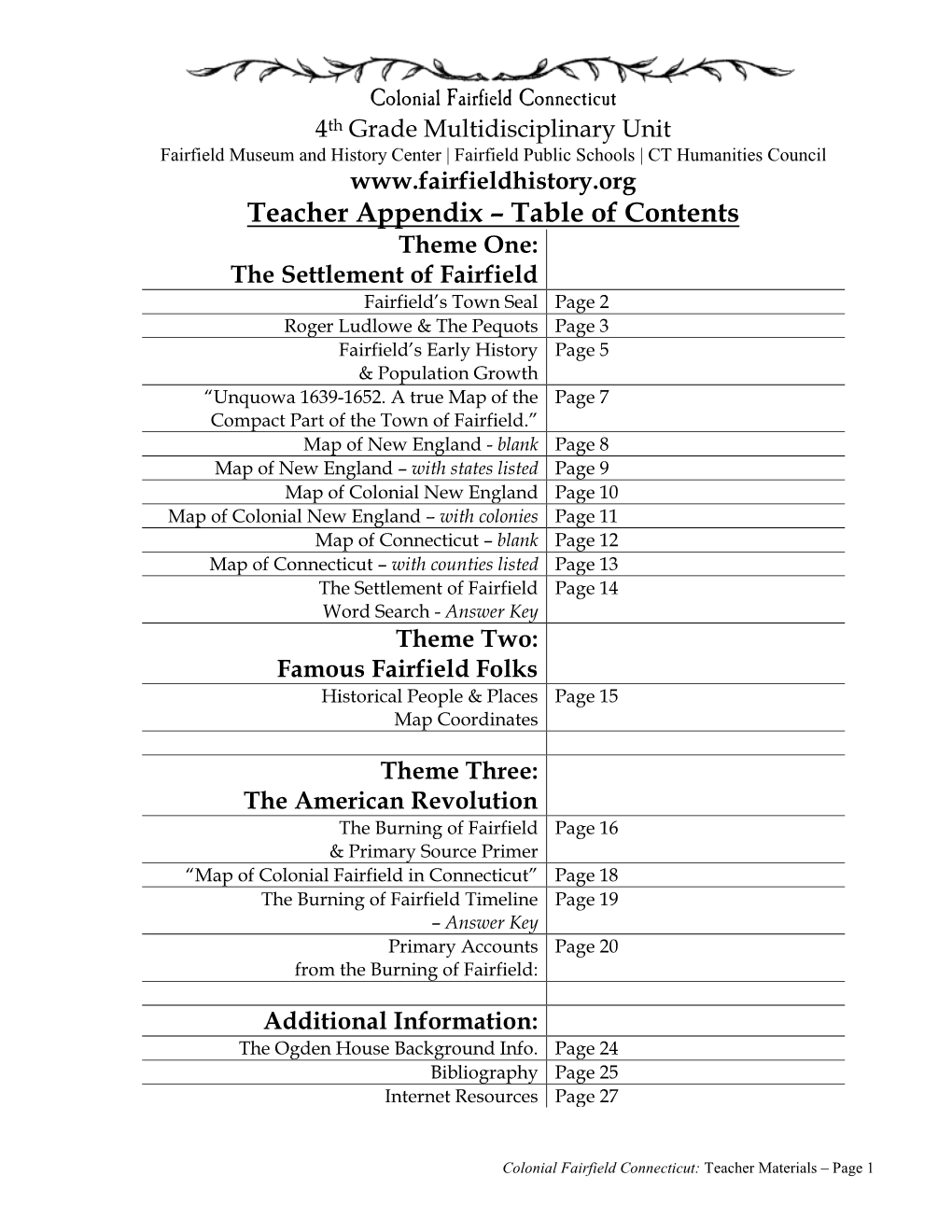 Teacher Appendix – Table of Contents