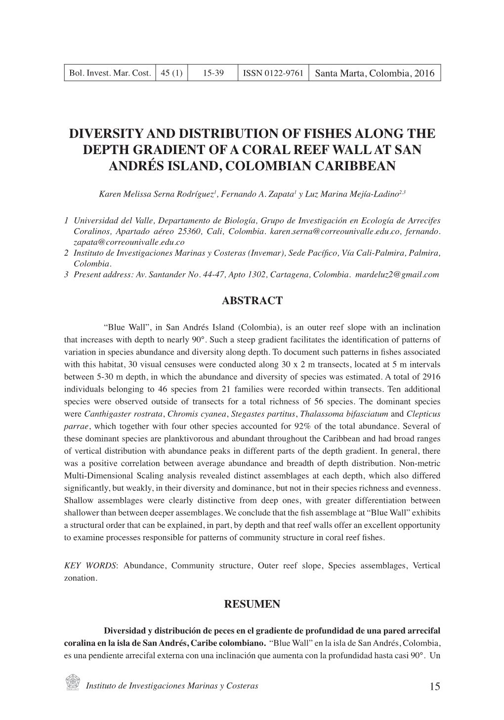 Diversity and Distribution of Fishes Along the Depth Gradient of a Coral Reef Wall at San Andrés Island, Colombian Caribbean