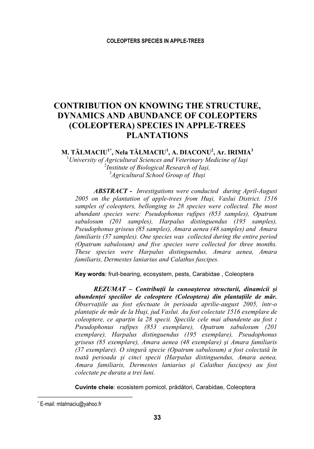 Contribution on Knowing the Structure, Dynamics and Abundance of Coleopters (Coleoptera) Species in Apple-Trees Plantations