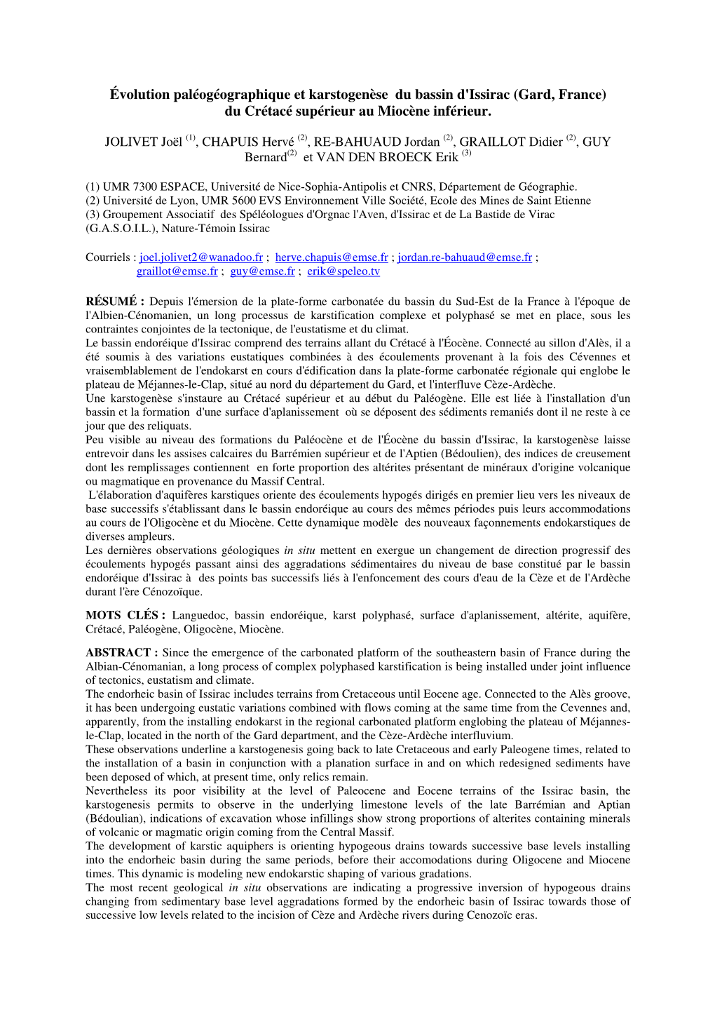 Évolution Paléogéographique Et Karstogenèse Du Bassin D'issirac (Gard, France) Du Crétacé Supérieur Au Miocène Inférieur