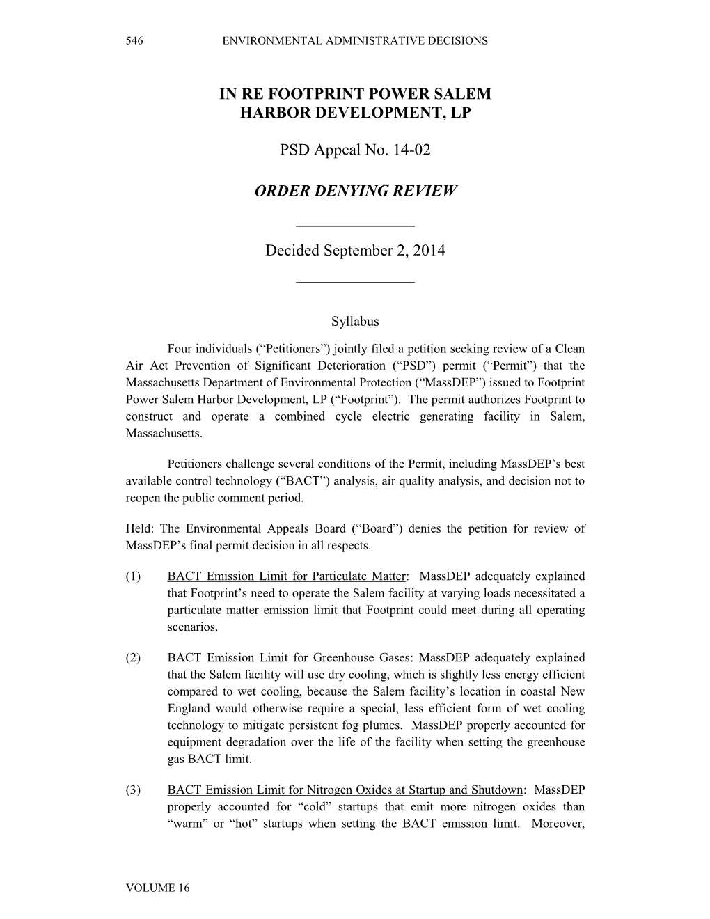 IN RE FOOTPRINT POWER SALEM HARBOR DEVELOPMENT, LP PSD Appeal No. 14-02 ORDER DENYING REVIEW Decided September 2, 2014