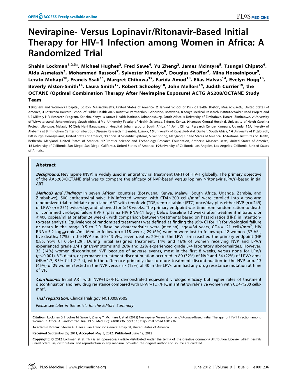 Versus Lopinavir/Ritonavir-Based Initial Therapy for HIV-1 Infection Among Women in Africa: a Randomized Trial