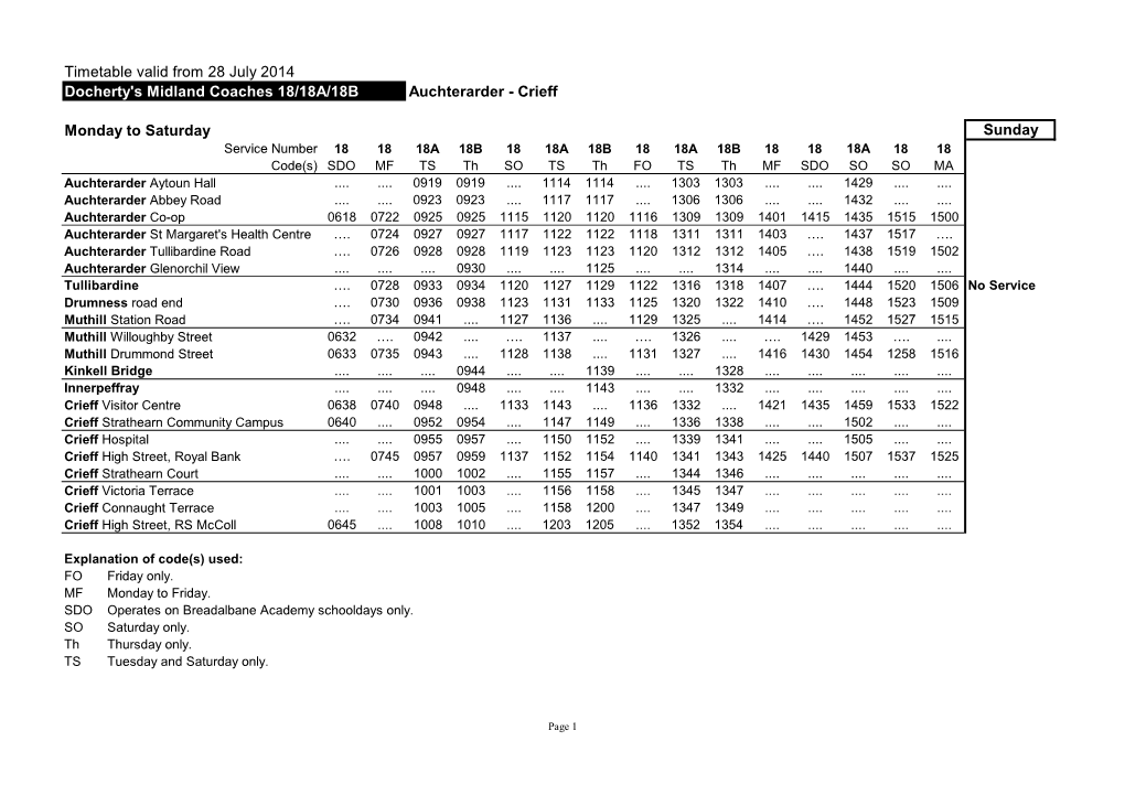 Timetable Valid from 28 July 2014 Docherty's Midland Coaches 18/18A/18B Auchterarder - Crieff