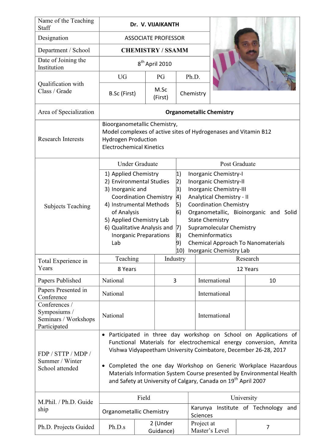Name of the Teaching Staff Dr. V. VIJAIKANTH Designation ASSOCIATE PROFESSOR Department / School CHEMISTRY / SSAMM Date of Join