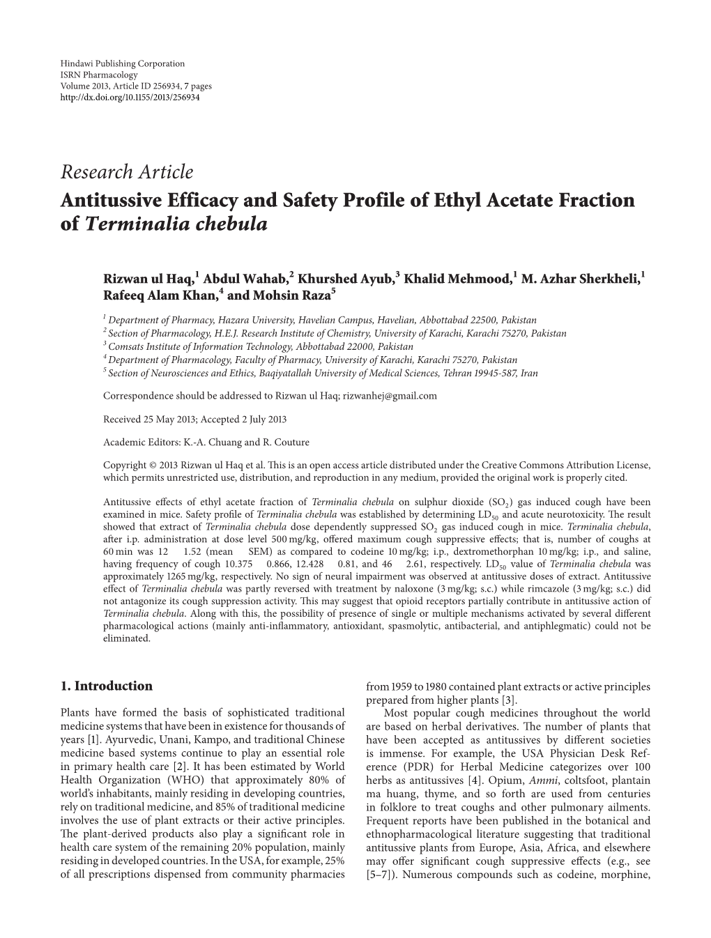 Antitussive Efficacy and Safety Profile of Ethyl Acetate Fraction of Terminalia Chebula