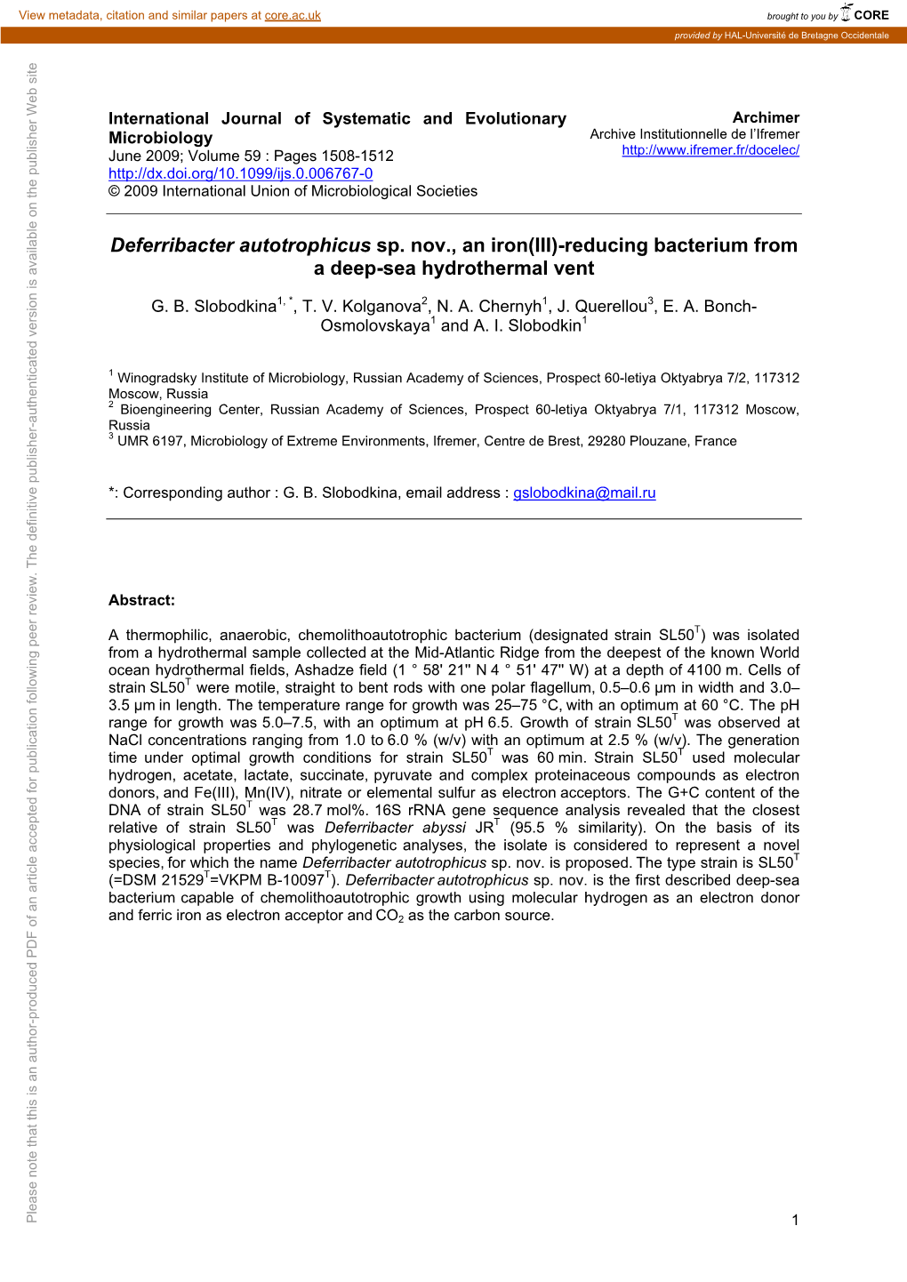 Deferribacter Autotrophicus Sp. Nov., an Iron(III)-Reducing Bacterium from a Deep-Sea Hydrothermal Vent