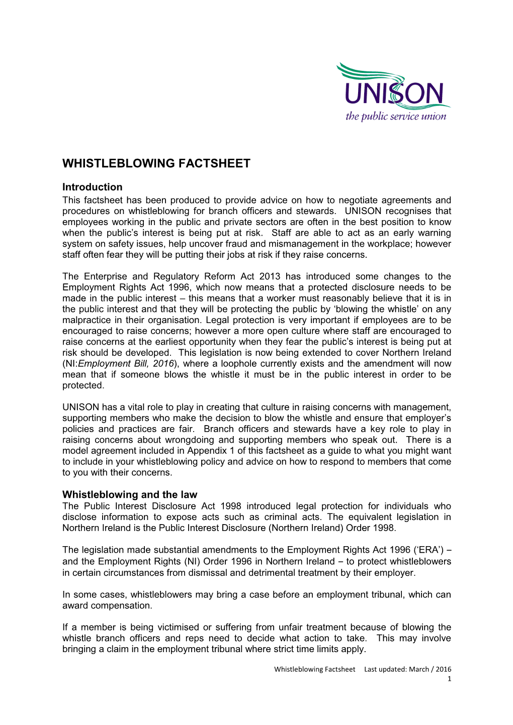 Whistleblowing Factsheet