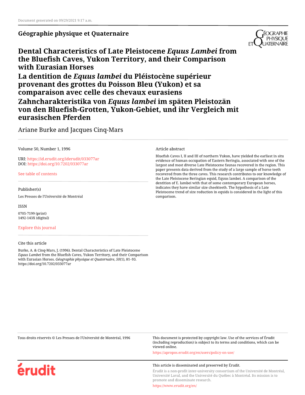 Dental Characteristics of Late Pleistocene Equus Lambei from The