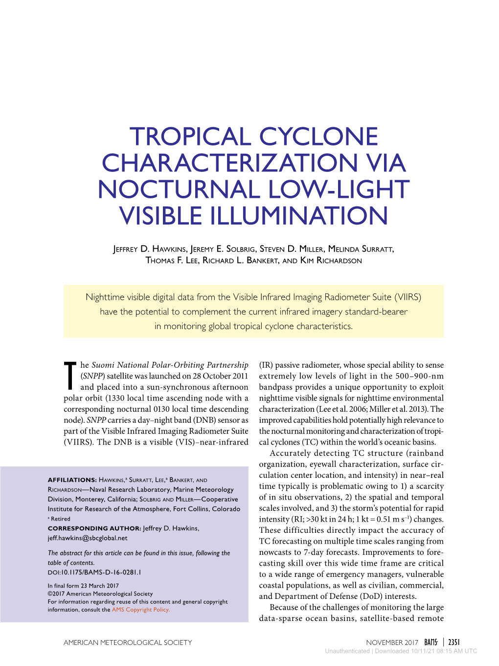 Tropical Cyclone Characterization Via Nocturnal Low-Light Visible Illumination
