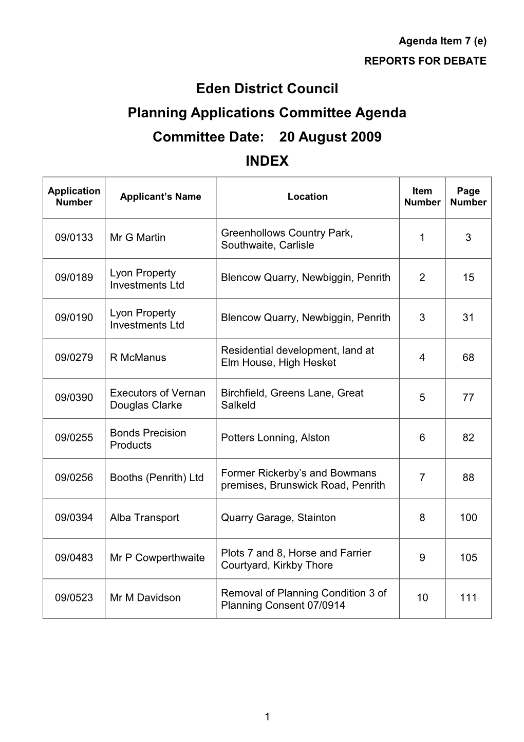 Planning Agenda 20 August 2009