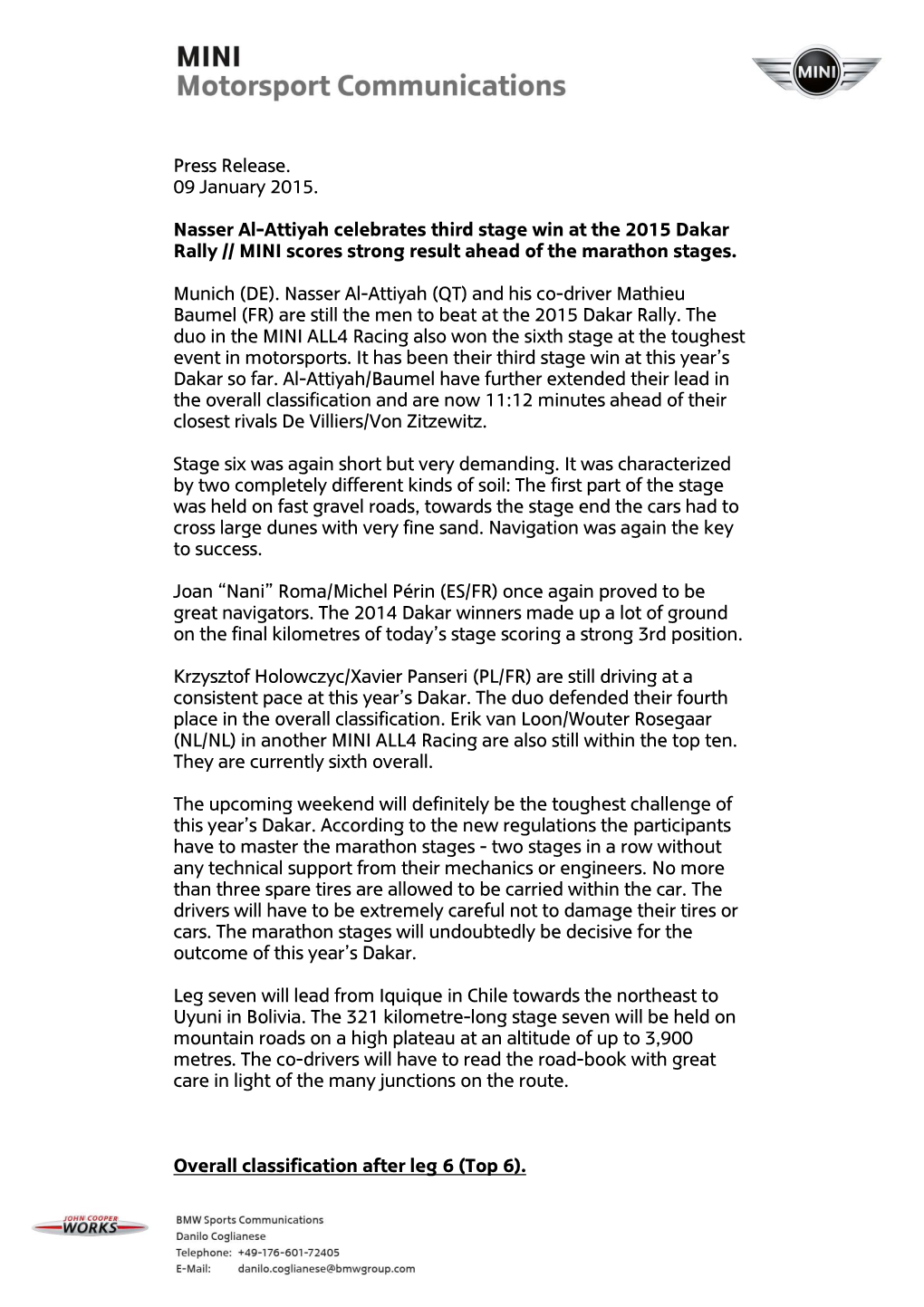 Press Release. 09 January 2015. Nasser Al-Attiyah Celebrates Third