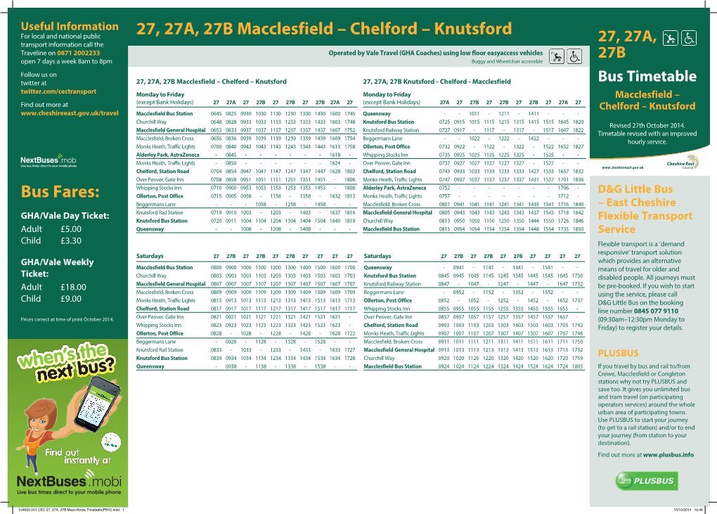 27, 27A, 27B Macclesfield – Chelford – Knutsford Bus Fares