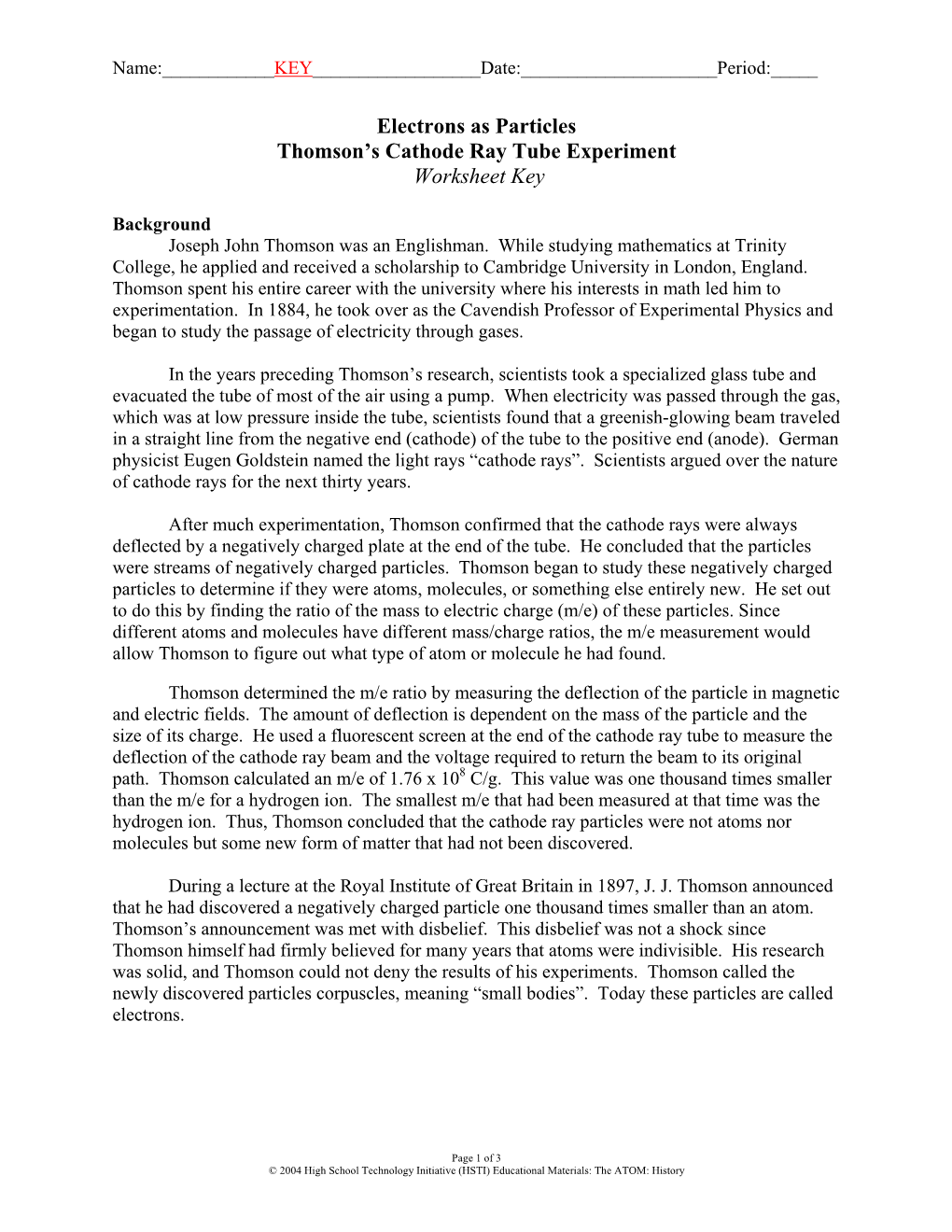 Electrons As Particles Thomson's Cathode Ray Tube Experiment