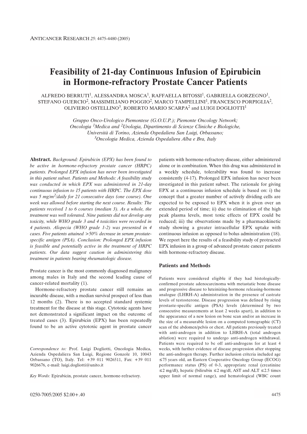 Feasibility of 21-Day Continuous Infusion of Epirubicin in Hormone-Refractory Prostate Cancer Patients