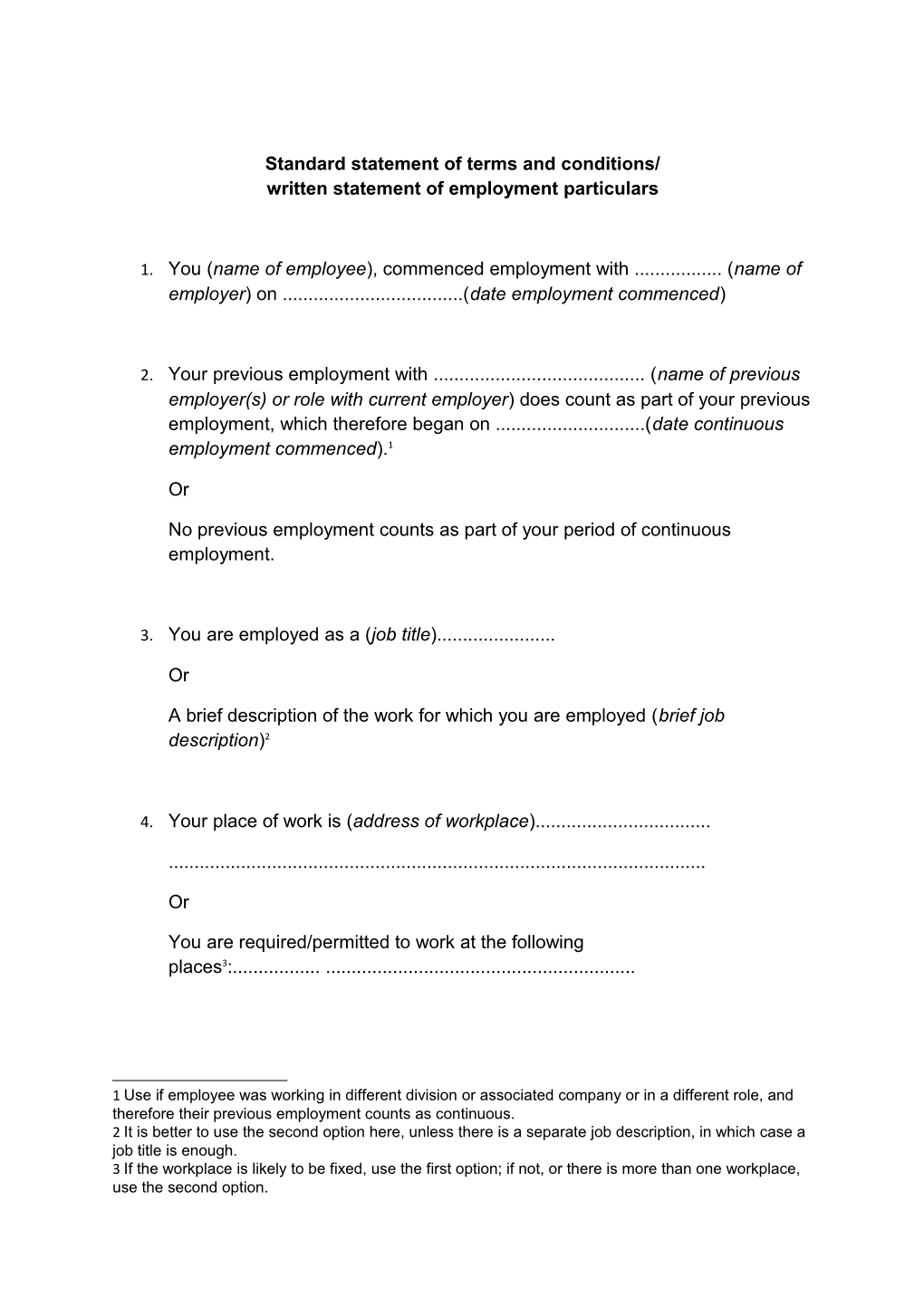 Standard Statement of Terms and Conditions/Written Statement of Employment Particulars