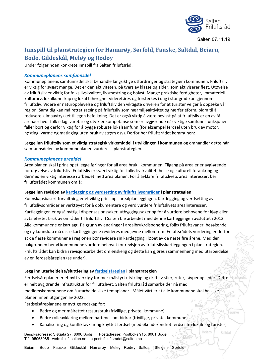 Innspill Til Planstrategien for Hamarøy, Sørfold, Fauske, Saltdal, Beiarn, Bodø, Gildeskål, Meløy Og Rødøy
