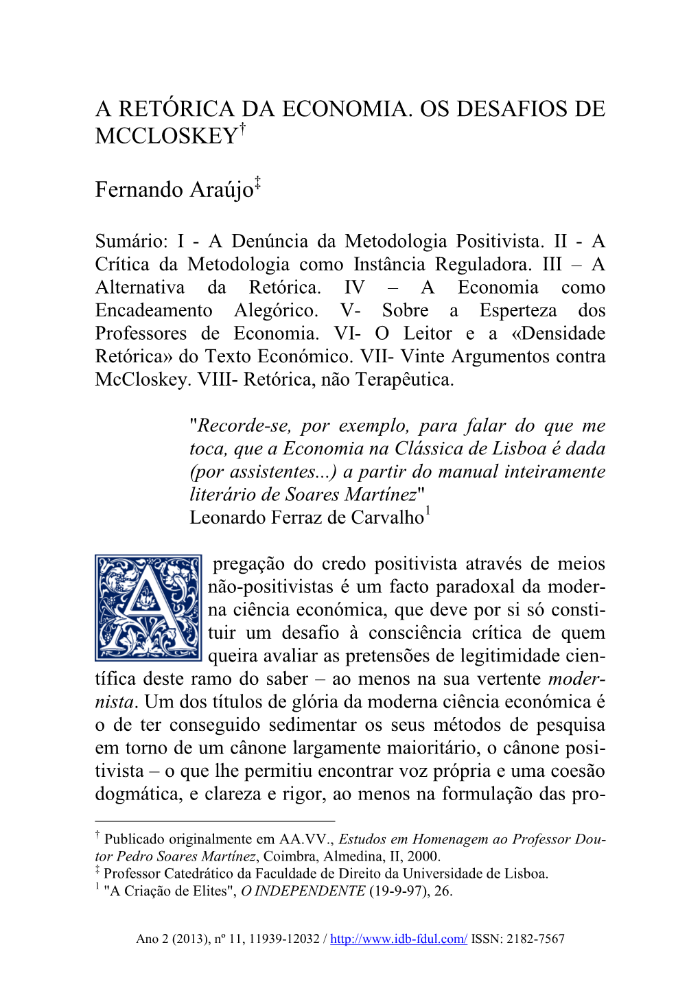 A Retórica Da Economia. Os Desafios De Mccloskey†