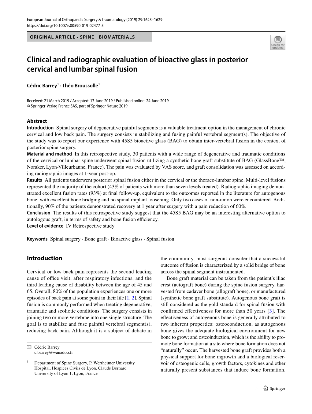 Clinical and Radiographic Evaluation of Bioactive Glass in Posterior Cervical and Lumbar Spinal Fusion