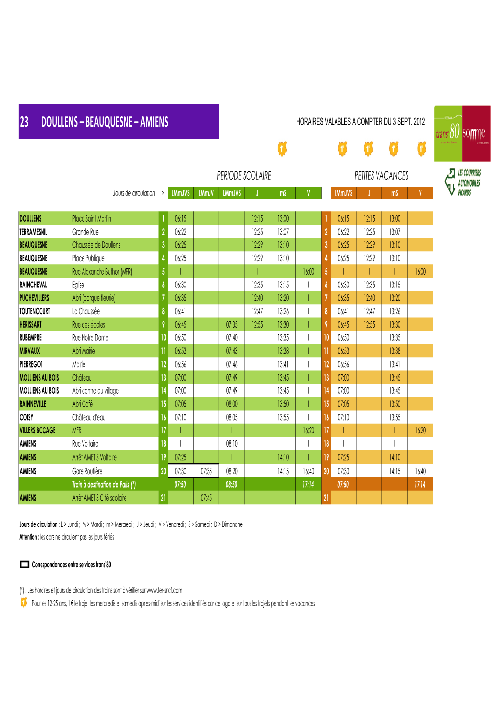 23 Doullens – Beauquesne – Amiens Horaires Valables a Compter Du 3 Sept