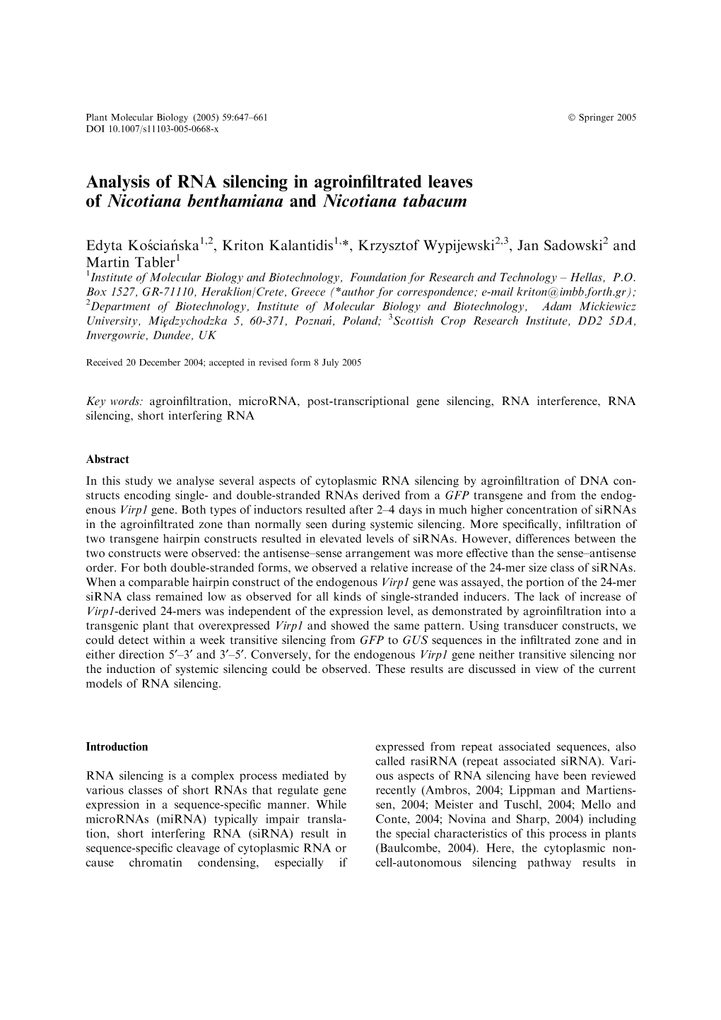 Analysis of RNA Silencing in Agroinfiltrated Leaves of Nicotiana