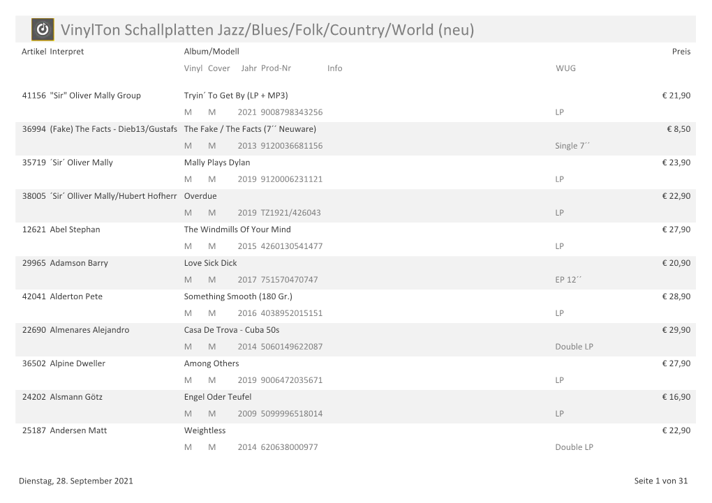 Vinylton Schallplatten Jazz/Blues/Folk/Country/World (Neu) Artikel Interpret Album/Modell Preis Vinyl Cover Jahr Prod-Nr Info WUG