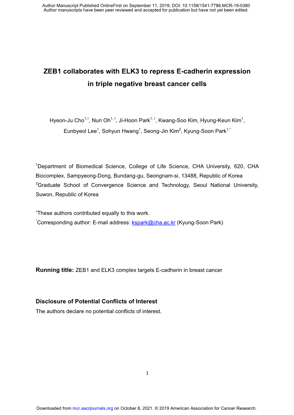 ZEB1 Collaborates with ELK3 to Repress E-Cadherin Expression in Triple Negative Breast Cancer Cells