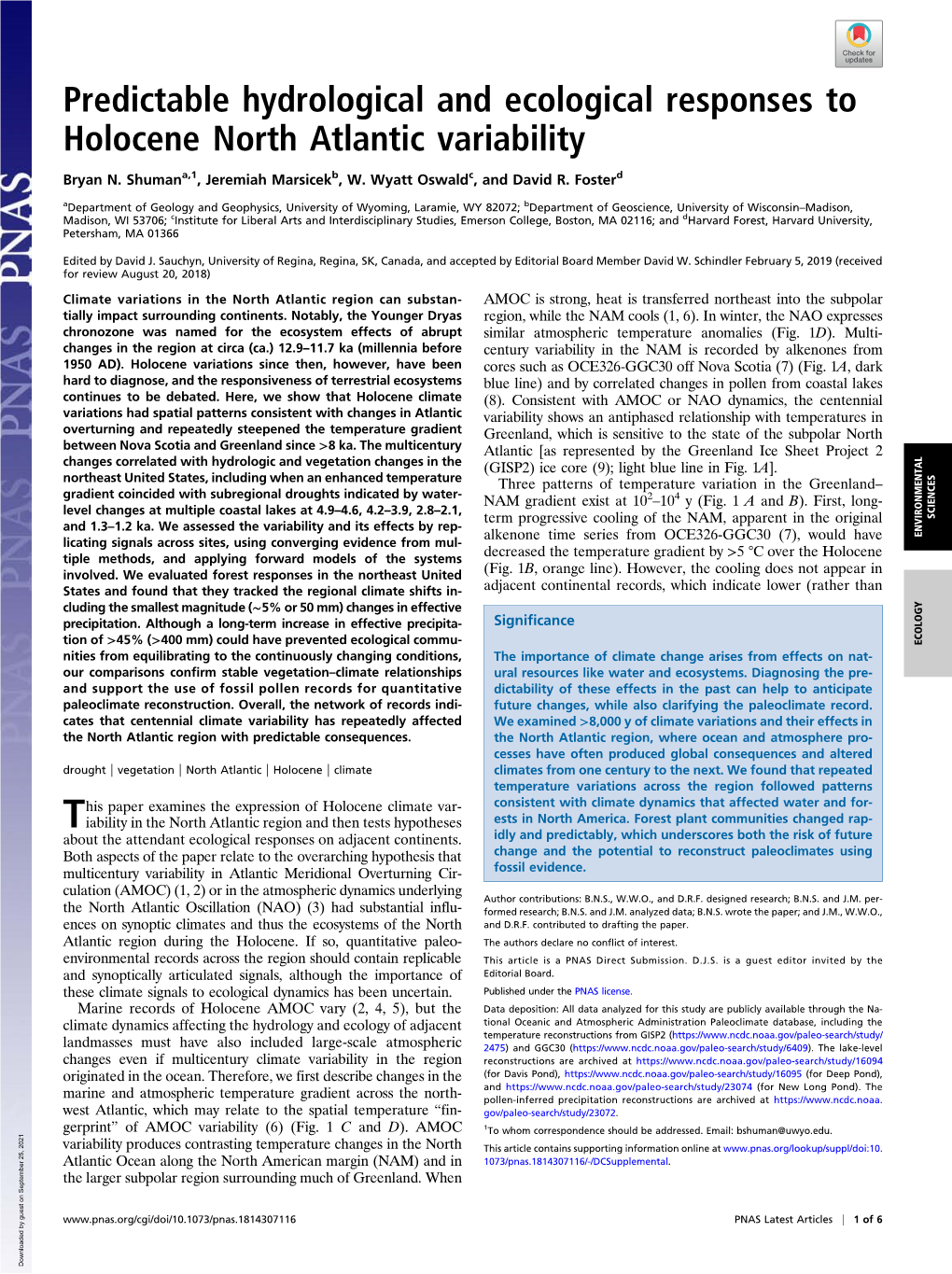 Predictable Hydrological and Ecological Responses to Holocene North Atlantic Variability