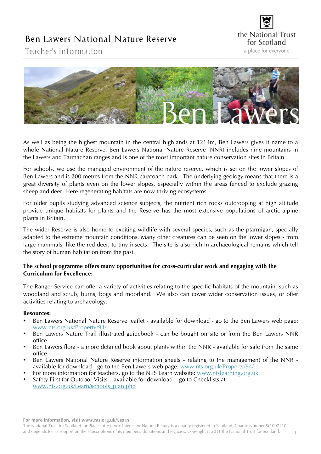 Ben Lawers National Nature Reserve Teacher’S Information