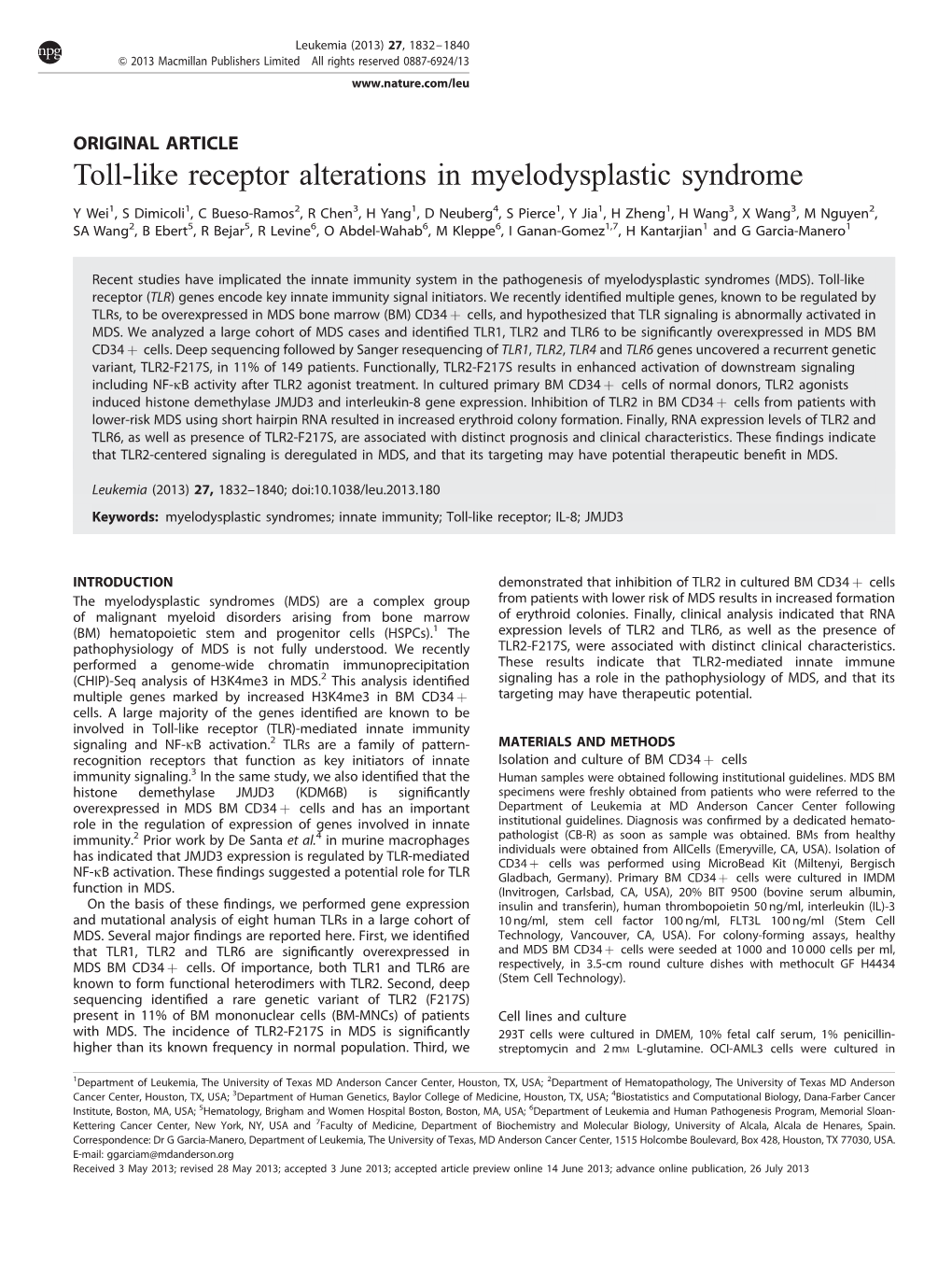 Toll-Like Receptor Alterations in Myelodysplastic Syndrome
