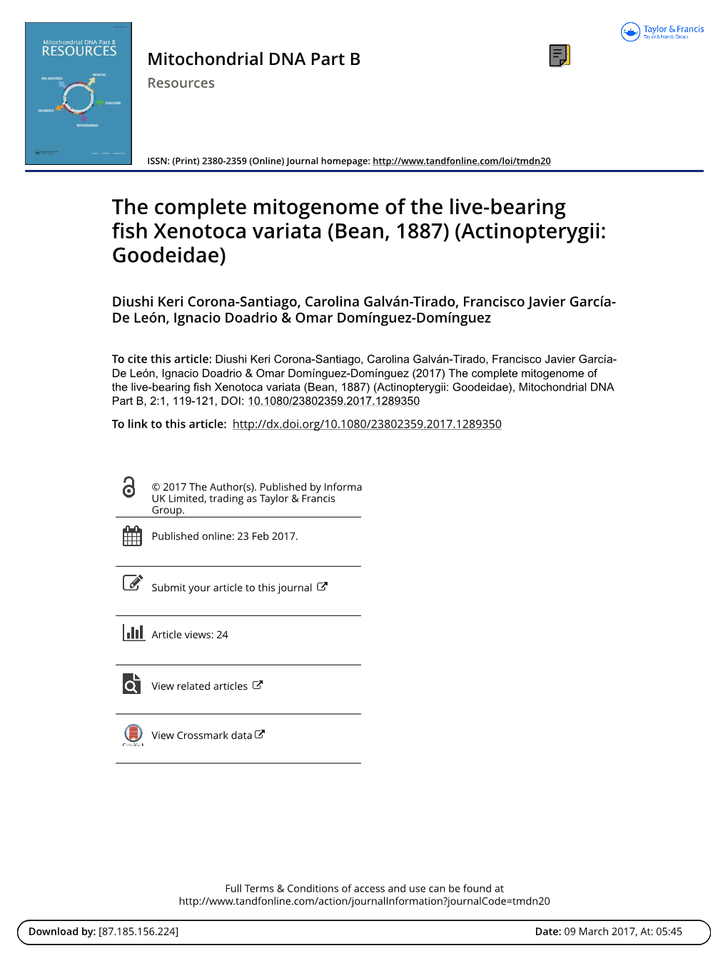 The Complete Mitogenome of the Live-Bearing Fish Xenotoca Variata (Bean, 1887) (Actinopterygii: Goodeidae)