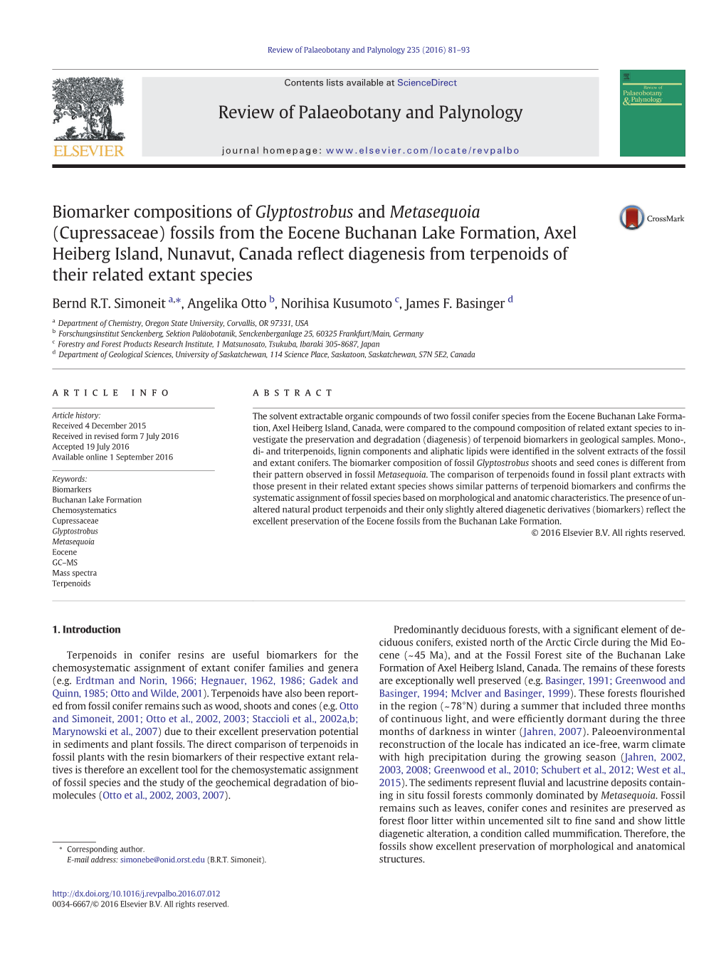 Cupressaceae) Fossils from the Eocene Buchanan Lake Formation, Axel Heiberg Island, Nunavut, Canada Reﬂect Diagenesis from Terpenoids of Their Related Extant Species