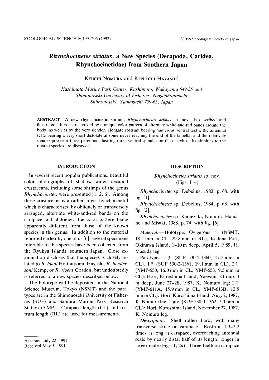 Rhynchocinetes Striatus, a New Species (Decapoda, Caridea, Rhynchocinetidae) from Southern Japan