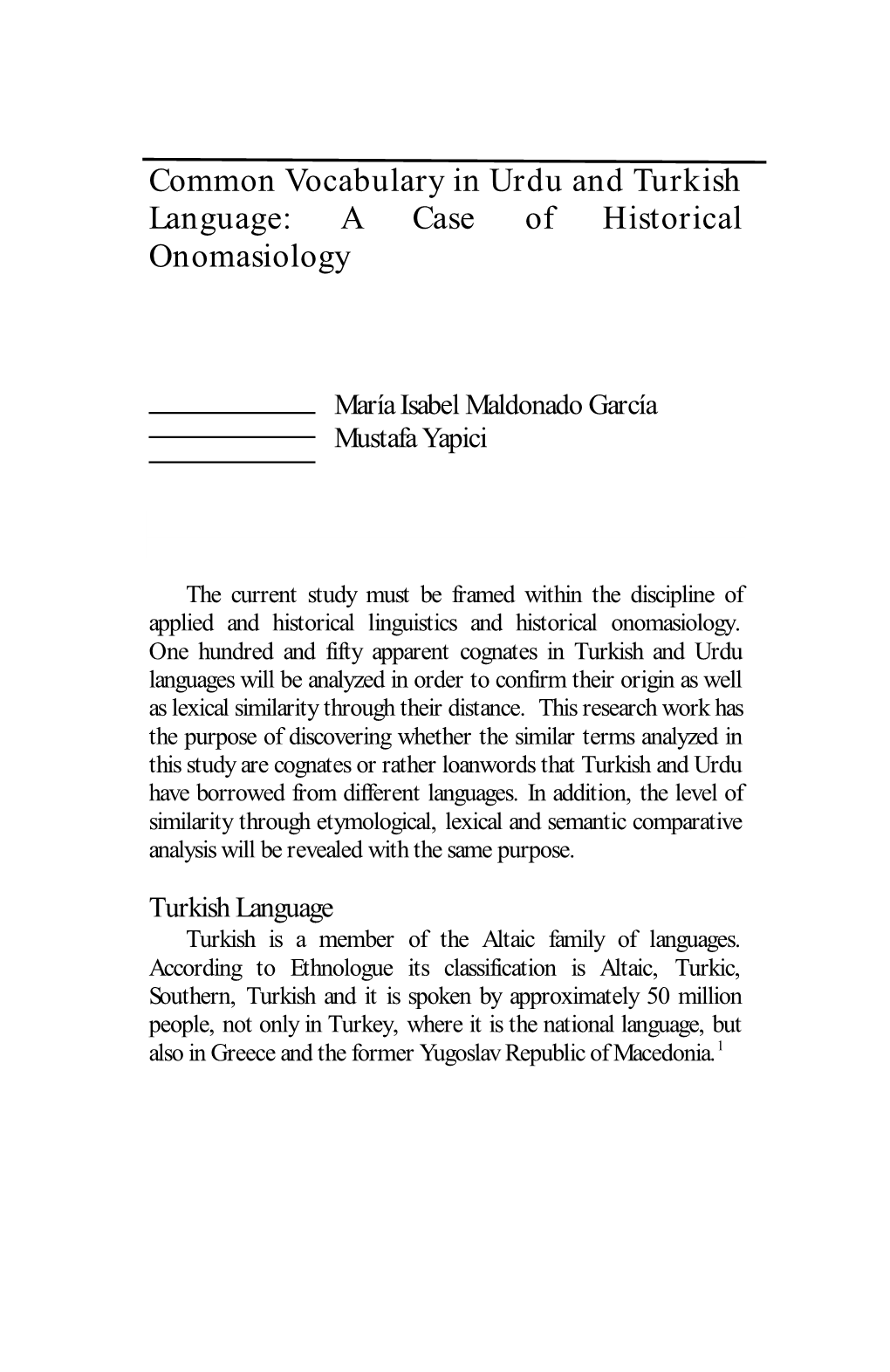 Common Vocabulary in Urdu and Turkish Language: a Case of Historical Onomasiology