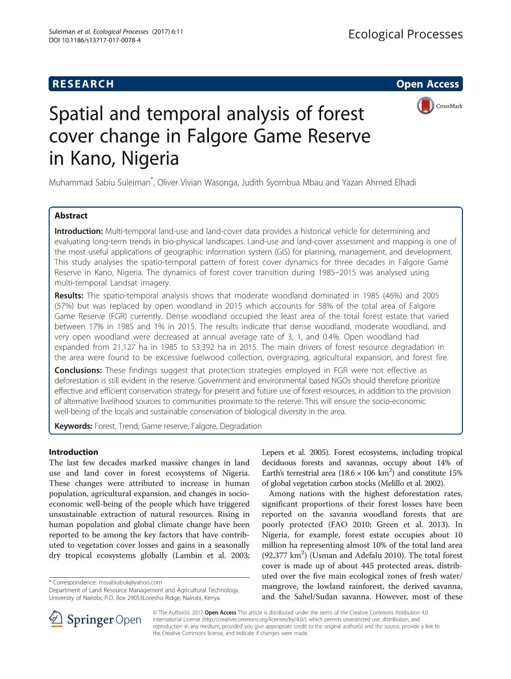 Spatial and Temporal Analysis of Forest Cover Change in Falgore Game