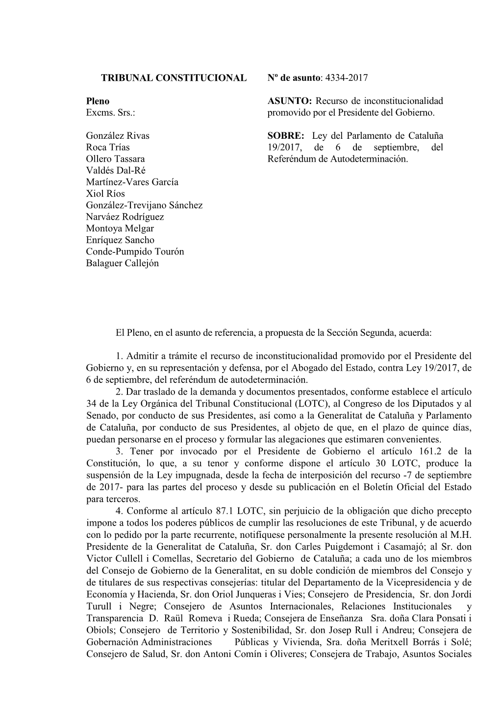 TRIBUNAL CONSTITUCIONAL Pleno Excms. Srs.: González Rivas Roca Trías Ollero Tassara Valdés Dal-Ré Martínez-Vares García Xi