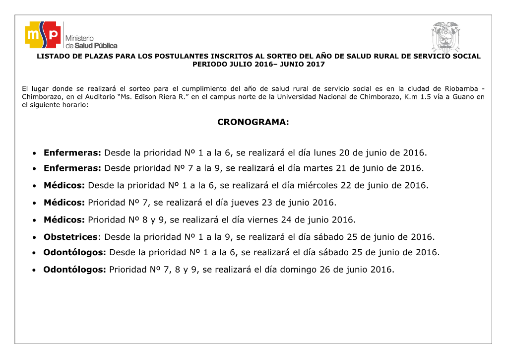 Enfermeras: Desde La Prioridad Nº 1 a La 6, Se Realizará El Día Lunes 20 De Junio De 2016